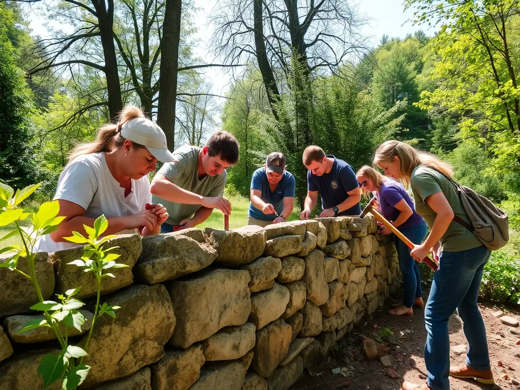 A group of volunteers working together to restore an old stone wall in Talmont, showcasing the organization's commitment to preserving the historical architecture of the region.