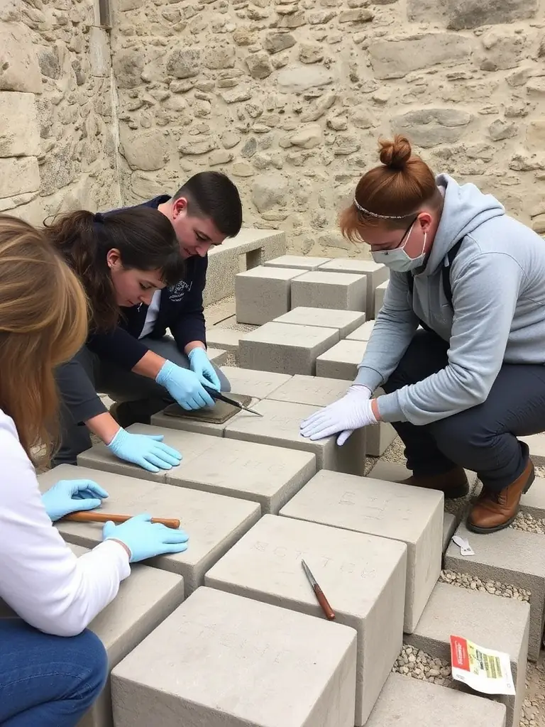 A photograph of volunteers restoring a section of the Talmont church, showcasing the meticulous work and dedication involved in preserving historical landmarks.