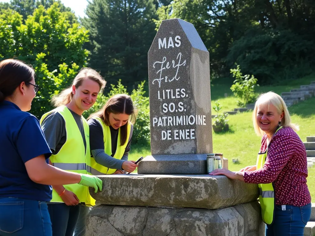 A vibrant image of volunteers restoring a historic monument in Talmont, with lush greenery and traditional architecture in the background.